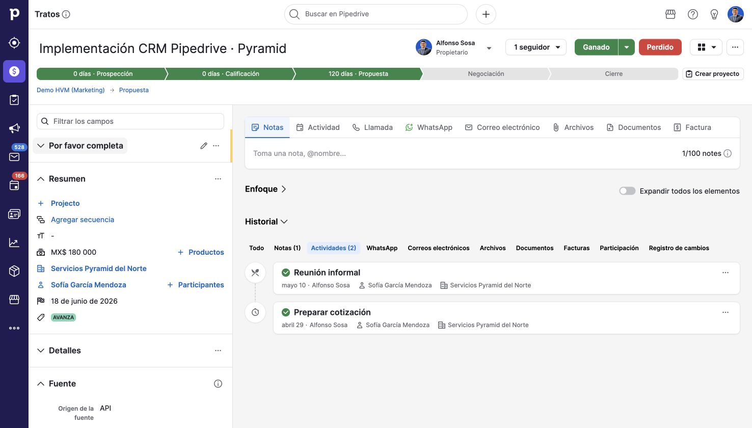 Seguimiento documentado. Pipedrive en una cuenta de demostración.